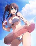  1girl aqua_eyes bikini breasts brown_hair choker clouds food frilled_bikini frills front-tie_top glasses highres ice_cream innertube long_hair navel open_mouth original side_ponytail sly smile solo strap_gap swimsuit white_bikini white_swimsuit yoshida_takuma 