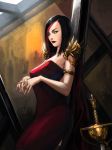  1girl against_wall armlet black_hair bob_cut breasts dress fiora_laurent large_breasts league_of_legends lips lipstick makeup multicolored_hair neo-tk.. nose orange_eyes planted_sword planted_weapon red_dress redhead short_hair smile solo spaulders strapless_dress sword weapon 