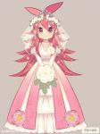  1girl artist_name bouquet dress flaky flower happy_tree_friends kaboom-chuck long_hair looking_at_viewer redhead simple_background smile solo translation_request veil 
