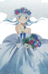  1girl ansatsu_kyoushitsu bare_shoulders blue_hair bouquet bridal_veil dress flower highres kataoka_megu knife long_hair una_(mazinger) veil wedding_dress 