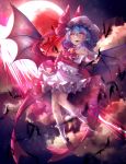  1girl ascot bat bat_wings blue_hair bow brooch chiaki_kou clouds dress fangs flying full_moon hat hat_bow highres jewelry mob_cap moon night open_mouth pink_eyes red_fingernails red_moon remilia_scarlet sash sky smile solo spear_the_gungnir touhou white_dress wings 