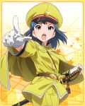  &gt;:o 1girl :o artist_request belt cape gloves hat idolmaster idolmaster_million_live! long_hair military military_hat military_uniform nanao_yuriko official_art open_mouth peaked_cap sword uniform weapon yellow_eyes 