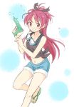  1girl alternate_costume blush bow cutoffs denim denim_shorts goggles grin hair_bow kannari long_hair looking_at_viewer mahou_shoujo_madoka_magica midriff navel official_style ponytail red_eyes redhead sakura_kyouko shorts slippers smile solo tied_shirt water_gun 