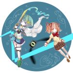  2girls armband blue_eyes blue_hair cape gloves h.n.elly_(kirsten) hair_ornament hair_ribbon hairclip kaname_madoka lolly_(mcr_cc) magical_girl mahou_shoujo_madoka_magica mahou_shoujo_madoka_magica_movie miki_sayaka multiple_girls pink_eyes pink_hair ribbon school_uniform short_hair short_twintails soul_gem sword television thigh-highs twintails weapon zettai_ryouiki 