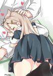  1boy 1girl absurdres admiral_(kantai_collection) blonde_hair blush closed_eyes fingerless_gloves gloves hand_on_another&#039;s_head heart highres kantai_collection lap_pillow long_hair ryuki_(ryukisukune) yuudachi_(kantai_collection) 