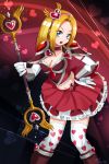  1girl alternate_costume armor blonde_hair blue_eyes boots breasts bubble_skirt choker cleavage elbow_gloves elbow_pads gloves hairband hand_on_hip heart heart_background heart_print heartseeker league_of_legends long_hair luxanna_crownguard magical_girl midriff navel neo-tk.. over-kneehighs pauldrons print_legwear solo staff thigh-highs vambraces white_gloves white_legwear 