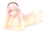  1girl bikini breasts cleavage hand_on_headphones headphones large_breasts long_hair looking_at_viewer lying nitroplus no_pants one_eye_closed pink_eyes pink_hair smile solo super_sonico sweater swimsuit 