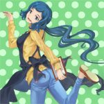  1girl apron ass blue_eyes blue_hair clipboard denim from_behind gundam gundam_build_fighters iori_rinko long_hair looking_at_viewer looking_back miyo_(13th_floor) open_mouth pencil polka_dot polka_dot_background ponytail ribbed_sweater smile solo sweater very_long_hair 