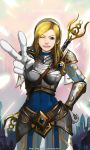  1girl ;) armor blonde_hair blue_eyes bodysuit bracer breastplate capelet contrapposto earrings faulds foreshortening gloves hairband hand_on_hip jewelry league_of_legends lips long_hair luxanna_crownguard neo-tk.. one_eye_closed pauldrons smile solo standing v white_gloves 