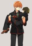  2boys brown_hair carrying closed_eyes grey_background little_busters!! looking_at_another multiple_boys naoe_riki natsume_kyousuke necktie red_eyes redhead school_uniform sennen_suisei simple_background sleeping smile yaoi 