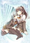  2girls brown_hair brown_legwear from_behind green_eyes green_hair gunp kantai_collection kumano_(kantai_collection) long_hair looking_at_viewer mouth_hold multiple_girls no_shoes ponytail school_uniform sitting skirt suzuya_(kantai_collection) undressing yokozuwari yuri 