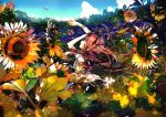  1girl apron brown_hair colorful dress flower hat long_hair nature open_mouth original scenery solo sunflower untan_(nanathy) 
