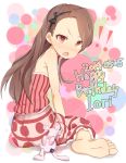  ass bare_shoulders barefoot blush brown_hair hairband idolmaster laki long_hair looking_back minase_iori open_mouth red_eyes solo stuffed_animal stuffed_bunny stuffed_toy 