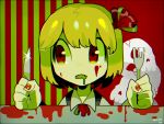  1girl blonde_hair blood blood_on_face damenaito fang fork hungry knife open_mouth red_eyes ribbon rumia saliva short_hair touhou 