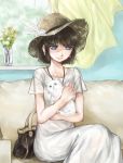  1girl bag blue_eyes brown_hair cat couch curtains dress feathers handbag hat highres hug original smile solo window 