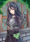  1boy ahoge black_hair breastplate fingerless_gloves gloves highres kirito kirito_(sao-ggo) leaf long_hair motion_blur sword_art_online trap violet_eyes window youxuemingdie 