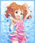  1girl :d alternate_costume artist_request blue_background bracelet brown_hair green_eyes idolmaster idolmaster_million_live! jewelry jpeg_artifacts necklace open_mouth smile takatsuki_yayoi twintails wristband 