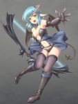  1girl bare_shoulders black_panties blue_hair boots bow_(weapon) breasts center_opening demon_girl demon_tail demon_wings detached_collar elbow_gloves fishnet_legwear fishnets gloves horns knee_boots leather_gloves navel o-ring open_mouth original outstretched_arm panties pointy_ears sand-rain sasaame short_hair solo tagme tail thigh-highs underwear weapon wings yellow_eyes 