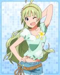  1girl :d ;d aqua_eyes artist_request green_hair hairband hand_on_head hand_on_hip idolmaster idolmaster_million_live! long_hair looking_at_viewer official_art one_eye_closed open_mouth pose shimabara_elena smile solo 