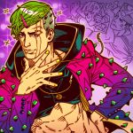  3boys abs akira_atsushi curtained_hair green_hair hair_ornament hairclip happy higashikata_joubin higashikata_joushuu higashikata_jousuke_(jojolion) jojo_no_kimyou_na_bouken jojolion looking_at_viewer md5_mismatch midriff multiple_boys nail_polish scar scar_across_eye scar_on_cheek short_hair side_cut smile spikes 