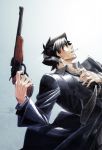  1boy black_coat black_eyes black_hair black_necktie black_suit blue_background car6s cigarette coat dutch_angle emiya_kiritsugu fate/zero fate_(series) formal gun handgun male necktie suit thompson_contender weapon 