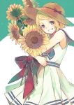  1girl blonde_hair bow dress flower green_eyes grin hat kagamine_rin kamogawa_akira object_hug short_hair smile summer sun_hat sunflower vocaloid 
