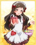  1girl apron basket blush brown_eyes brown_hair dress hair_ribbon heart idolmaster idolmaster_million_live! incoming_gift kitazawa_shiho looking_at_viewer maid maid_apron maid_headdress official_art ribbon solo valentine 