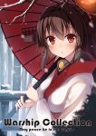  1girl :o bamboo blush brown_hair english headgear highres japanese_clothes kantai_collection kimono long_hair netarou orange_eyes oriental_umbrella snow solo umbrella yamato_(kantai_collection) 