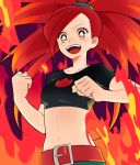  1girl asuna_(pokemon) belt blush bright_pupils clenched_hands crop_top denim fire jeans long_hair midriff navel open_mouth orange_eyes pokemon pokemon_(game) pokemon_rse ponytail red redhead short_sleeves smile solo ucchii 