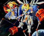  2girls absurdres alice_margatroid blonde_hair blue_eyes doll dress ex-s_gundam gundam gundam_sentinel highres lance long_hair matching_shanghai mecha_musume multiple_girls nanaya777 polearm shanghai_doll shield short_hair space touhou weapon 