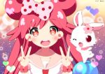  1girl aosora_neko blush bow double_bun double_v hair_bow jewelpet_(series) lady_jewelpet long_hair looking_at_viewer momona pink_hair polka_dot_bow rabbit red_eyes ruby_(jewelpet) v 