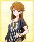  1girl artist_request blue_eyes bracelet brown_hair casual clothes_writing hand_on_hip idolmaster idolmaster_million_live! jewelry long_hair looking_at_viewer necklace official_art smile smirk solo tokoro_megumi 