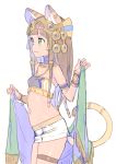  1girl :3 animal_ears bandeau bangs bare_shoulders bastet_(p&amp;d) blunt_bangs bracer brown_hair cat_ears cowboy_shot dark_skin egyptian egyptian_clothes fang from_side green_eyes hair_ornament headpiece holding jewelry leg_band long_hair midriff nagisa_kurousagi navel necklace puzzle_&amp;_dragons simple_background skirt smile solo white_background white_skirt 