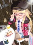  1girl ;p bespectacled bird blush brown_legwear cabbie_hat cellphone coffee_cup cup duck earrings from_above fur_trim glasses hat idolmaster idolmaster_cinderella_girls jewelry jougasaki_rika long_hair looking_at_viewer nail_polish necktie one_eye_closed phone pink-framed_glasses shorts sitting solo striped striped_legwear suzuya_wataru thigh-highs tongue tongue_out vertical-striped_legwear vertical_stripes 