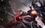  1girl armor armored_dress bangs blue_eyes breasts cleavage floating_object hairpods irelia kunai large_breasts league_of_legends long_hair neo-tk.. orb parted_bangs pauldrons petals solo weapon wide_sleeves 