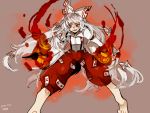  1girl bow brown_background damenaito fire fujiwara_no_mokou grin hair_bow long_hair red_eyes ribbon smile touhou white_hair 