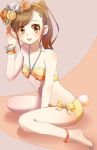  bikini brown_eyes brown_hair flower futami_mami hair_ornament idolmaster kadayashi long_hair side_ponytail smile swimsuit 