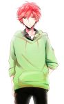  1boy collarbone gekkan_shoujo_nozaki-kun highres hoodie male mikanmochi mikoshiba_mikoto pants red_eyes redhead simple_background white_background 