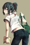  1girl alternate_costume alternate_hairstyle ass bag black_hair book casual contemporary pants ponytail red_eyes sachi_(pixiv1644992) shameimaru_aya short_hair smile solo touhou 