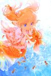  1girl blue_eyes bubble fish goldfish hands_on_own_cheeks hands_on_own_face isi88 japanese_clothes long_hair mermaid monster_girl orange_hair original shochuumimai smile twintails water 