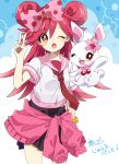  1girl ;o blush bow brown_eyes clothes_around_waist daruma_(sykdrm) double_bun hair_bow highres jewelpet_(series) lady_jewelpet long_hair looking_at_viewer momona necktie one_eye_closed pink_hair polka_dot_bow rabbit ruby_(jewelpet) sweater_around_waist v 