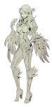  1girl bodysuit feathers full_body head_wings high_heel_boots high_heels kilart long_hair monochrome solo standing white_background 
