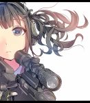  1girl ai_arctic_warfare black_hair blue_eyes bolt_action daito ear_protection face gun letterboxed original rifle scope sniper_rifle solo weapon white_background 