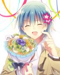  1boy angel_beats! blue_hair bouquet closed_eyes flower highres hinata_(angel_beats!) male nishinomiya_saku school_uniform short_hair 