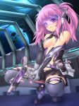  1girl bare_shoulders belt boots breasts center_opening elbow_gloves frown gloves gun mecha_musume original pink_hair robot_ears sand-rain sasaame science_fiction short_hair sideboob solo squatting tagme thigh-highs thigh_boots two_side_up violet_eyes visor weapon 