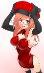  1girl bare_shoulders china_dress chinese_clothes cleavage_cutout elbow_gloves female glasses gloves hat kochiya_(gothope) phantasy_star phantasy_star_online_2 pointy_ears red_eyes redhead solo thigh-highs 
