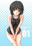  1girl amagami black_hair brown_eyes competition_swimsuit goggles goggles_around_neck hands_together ishihara_souka nanasaki_ai one-piece_swimsuit polka_dot polka_dot_background short_hair solo swimsuit 