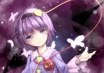  1girl butterfly chestnut_mouth hairband head_tilt heart highres komeiji_satori long_sleeves lv21 open_mouth outstretched_hand pink_hair portrait purple_hair shirt short_hair solo third_eye touhou violet_eyes 
