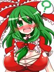  1girl ? blush bow breasts cleavage frills green_eyes green_hair hair_bow hair_tubes highres kagiyama_hina large_breasts long_hair open_mouth rindou_(p41neko) simple_background solo spoken_question_mark touhou 