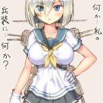  1girl asamura_hiori blue_eyes blush breasts gloves hair_ornament hair_over_one_eye hairclip hamakaze_(kantai_collection) hand_on_hip kantai_collection large_breasts looking_at_viewer school_uniform serafuku short_hair silver_hair simple_background skirt solo translated white_gloves 